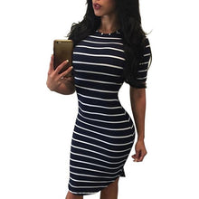 Women Black/Blue Striped Bodycon Casual Dress Short Sleeve O Neck Sheath Mini Ladies Sim Dresses Vestidos Mujer  #63 GS