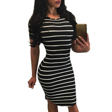 Women Black/Blue Striped Bodycon Casual Dress Short Sleeve O Neck Sheath Mini Ladies Sim Dresses Vestidos Mujer  #63 GS