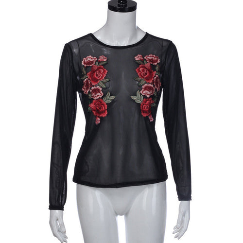 Women Blouses  Appliques Rose Floral Transparent Loose Backless Long Sleeve Casual Tops blusas feminina vero  #63 GS