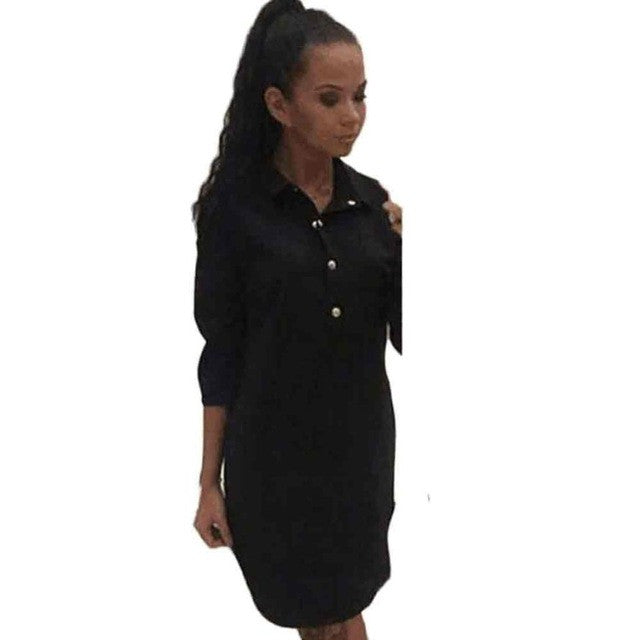 Women Fashion Button Three Quarter Sleeve Blouse Shirt Dress Women Casual Loose Mini Ladies Dresses vestidos mujer #63 GS