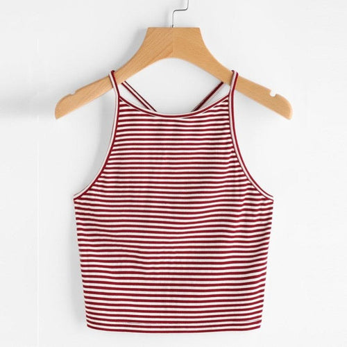 Women Fashion Sexy Striped Tank Top Sleeveless Strappy Crop Top T-Shirt Tops Tees Camis #421 GS