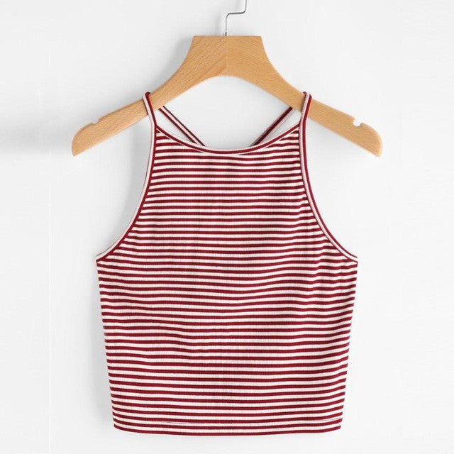 Women Fashion Sexy Striped Tank Top Sleeveless Strappy Crop Top T-Shirt Tops Tees Camis #421 GS