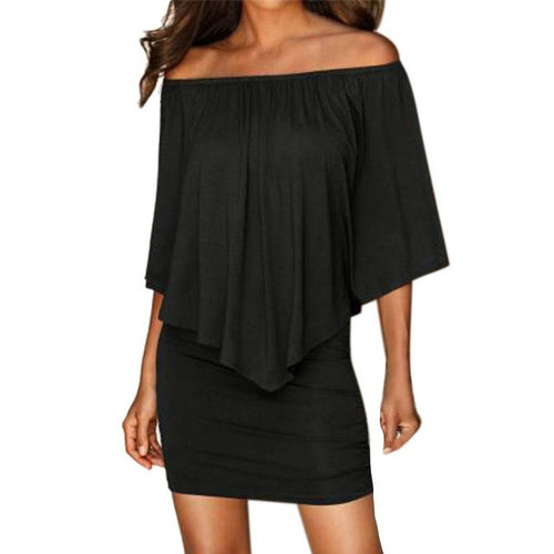 Women Off Shoulder Sleeveless Black Dress  Ruffles Bodycon Mini Dress Ladies Party Dresses vestidos Robe Femme #23 GS