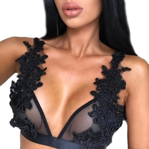 Women Sexy Floral Sheer Lace Embroidery Crop Tops Ladies Seamless Bralette Wireless Blackless Cropped Femme  #23 GS