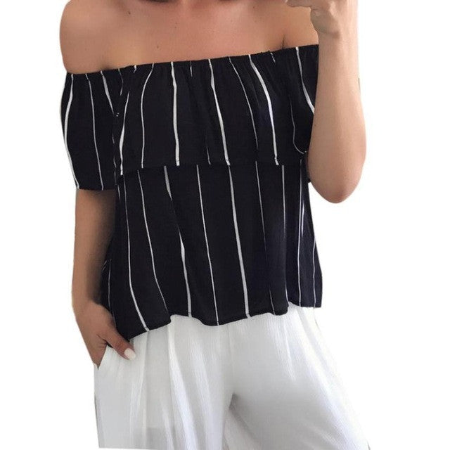 Women Slash neck Off shoulder T shirts casual Short Sleeve Striped t shirt camisetas mujer verano tees tops Women #23 GS