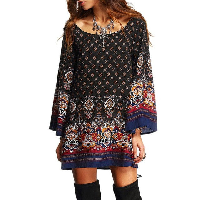 dress  Women's Long Sleeve Vintage Beach Dress Casual O Neck Boho Dresses Women Beach Dress Vestidos GS