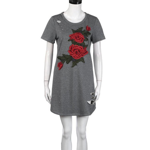 dress vintage Embroidery dresses   Short Sleeve Floral Cotton Hole Casual Straight Mini Dress Women vestido #23 GS