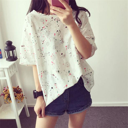 Summer new women loose color inkjet hole T Shirt short in front long short-sleeve t-shirt female printed harajuku tops 31113 GS