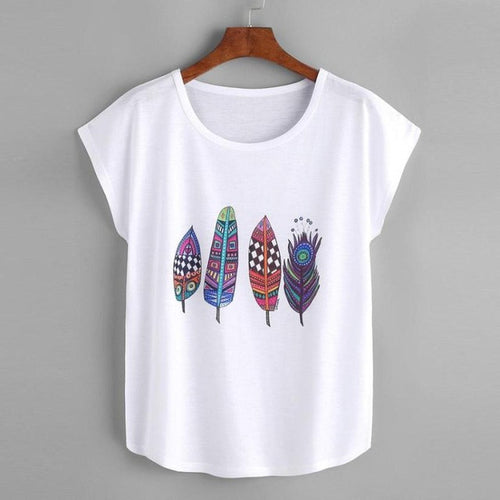 tops tees ladies Feather Print Short sleeve t shirt women t-shirts O Neck Tee Shirt female camisetas mujer verano #421 GS