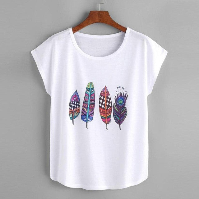 tops tees ladies Feather Print Short sleeve t shirt women t-shirts O Neck Tee Shirt female camisetas mujer verano #421 GS