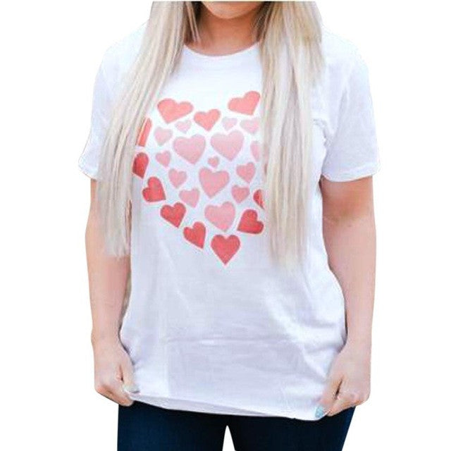 Summmer T-shirt Pink Heart Printed Women  T Shirt Harajuku Short Sleeve O Neck White T-Shirt Tops Tees Female #43 GS