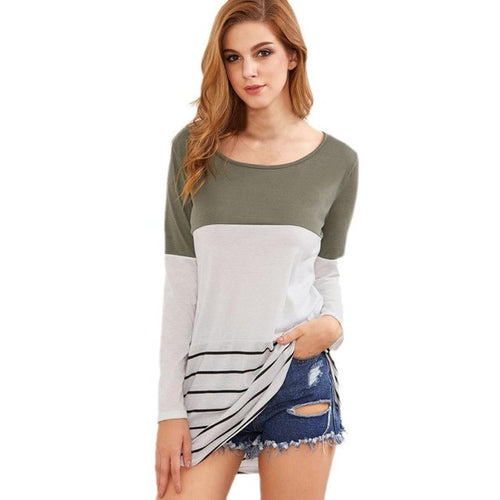 Summr  Hot Sale Women's T-shirt Lace Splice Block Tops Striped Long Sleeve Tee shirts Femme poleras manga larga mujer #43 GS