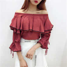 Sweet Women Shirt  Summer Flare Sleeves Slash Neck Blouses Female Ruffle Strapless Chiffon Tops Shirt 33055 GS
