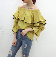 Sweet Women Shirt  Summer Flare Sleeves Slash Neck Blouses Female Ruffle Strapless Chiffon Tops Shirt 33055 GS