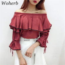 Sweet Women Shirt  Summer Flare Sleeves Slash Neck Blouses Female Ruffle Strapless Chiffon Tops Shirt 33055 GS