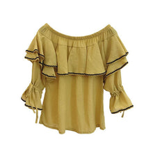 Sweet Women Shirt  Summer Flare Sleeves Slash Neck Blouses Female Ruffle Strapless Chiffon Tops Shirt 33055 GS