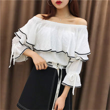 Sweet Women Shirt  Summer Flare Sleeves Slash Neck Blouses Female Ruffle Strapless Chiffon Tops Shirt 33055 GS