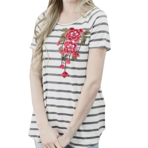 T-Shirts   Women Striped Flower Embroidery Casual Cotton Short Sleeve Loose O-Neck Ladies Tees Tops #23 GS