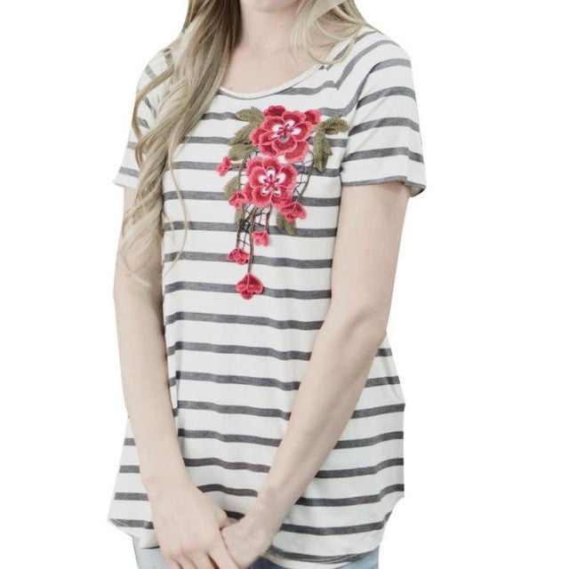 T-Shirts   Women Striped Flower Embroidery Casual Cotton Short Sleeve Loose O-Neck Ladies Tees Tops #23 GS