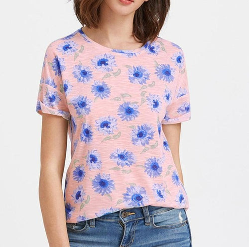 T-Shirts Women Fashion   Women Flower Print Casual Cotton Short Sleeve O-Neck Ladies Tees Tops camisetas mujer #417 GS
