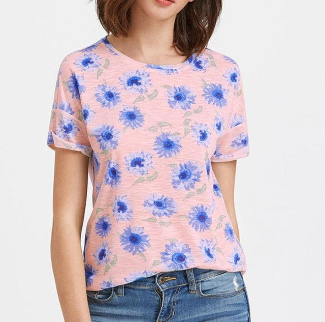 T-Shirts Women Fashion   Women Flower Print Casual Cotton Short Sleeve O-Neck Ladies Tees Tops camisetas mujer #417 GS