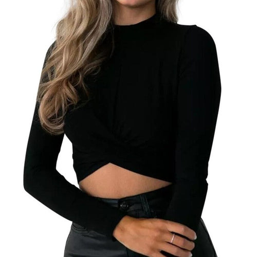 T-shirt  Hot Long Sleeve Basic Women Sexy Slim Solid Short Style T-shirt Tops Female Turtleneck Crossing Tee Shirt Femme #43 GS