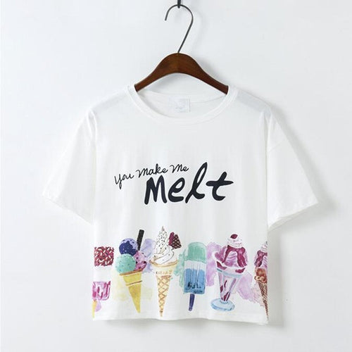 T-shirt Woman  Black Letter Ice-cream Printing tshirt Short Sleeve Crop Top T-shirts Female O-neck White Cotton Blusa 32999 GS