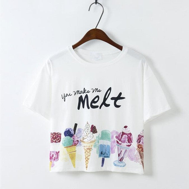 T-shirt Woman  Black Letter Ice-cream Printing tshirt Short Sleeve Crop Top T-shirts Female O-neck White Cotton Blusa 32999 GS