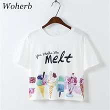 T-shirt Woman  Black Letter Ice-cream Printing tshirt Short Sleeve Crop Top T-shirts Female O-neck White Cotton Blusa 32999 GS