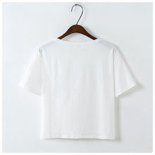 T-shirt Woman  Black Letter Ice-cream Printing tshirt Short Sleeve Crop Top T-shirts Female O-neck White Cotton Blusa 32999 GS