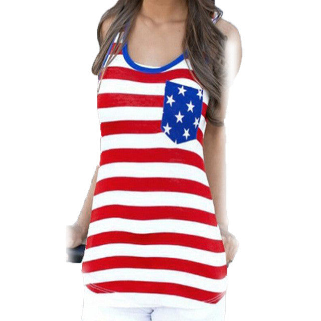 Top Femme T-shirt US Flag Pocket T Shirt Women Tops Tees Sleeveless Tee Shirt  Casual Womens Clothing Camisetas Mujer GS