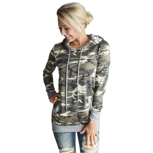 Tops  Womens Shirts Hooded   Long Sleeved Tee Shirt Camouflage Pocket Ladies Girls Hooded Pullover Tops Female GS