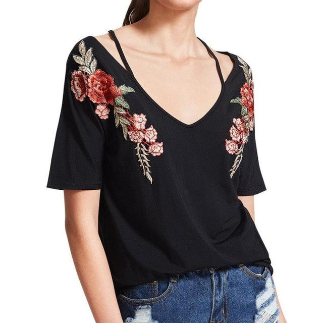 Trendy Embroidered Flower Applique european style women tees Black Crisscross V Neck women tshirt harajuku  Tee Shirt #420 GS