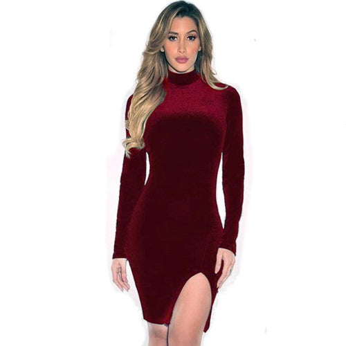 Velvet Dress   Women  Fashion Women Side Splite Full Sleeve Red Bodycon Slim Ladies Dresses Sexy Vestidos #1130 GS