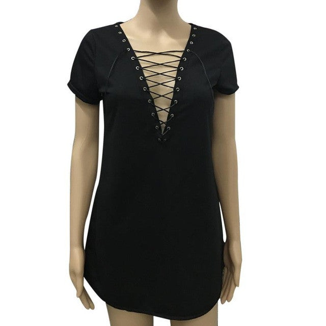 Vestidos   Bandage Deep V Neck Dress Women Sexy Lacing Up Short Sleeve Short Mini T shirt Dress Women Robe Ete #43 GS