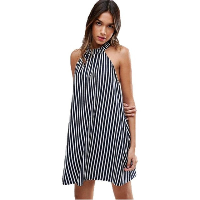 Vestidos  Women Fashion Striped Halter Neck Beach Dress Sleeveless  Loose Sexy Blackless Mini Dress Robe Femme #43 GS