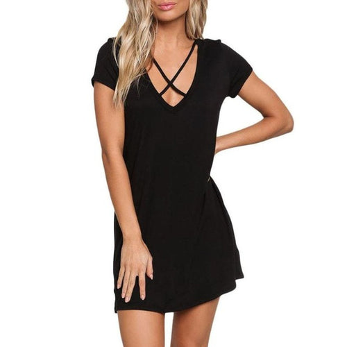 Vestidos Mujer  New Style Front Crossing Women  Dress Casual Sleeveless Women Mini Tshirt Dress Robe Ete #420 GS