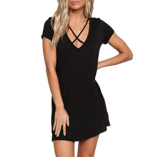 Vestidos Mujer  New Style Front Crossing Women  Dress Casual Sleeveless Women Mini Tshirt Dress Robe Ete #420 GS