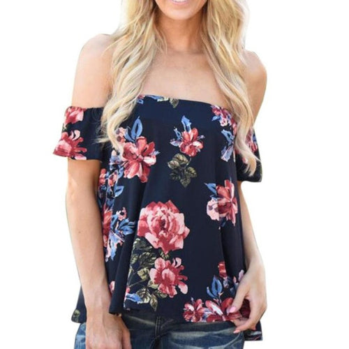 Vintage Flower print T Shirt   Off Shoulder Women T-shirt short sleeve casual tees tops Femme camisetas mujer #419 GS