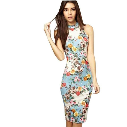 Vintage Sleeveless Dresses Women   Floral Print O Neck Sheath Knee Length Pencil Dresses For Ladies Women Clothes #418 GS