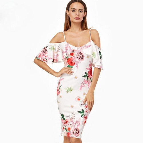 Vintage  Ladies Dresses Strap Strapledd Fashion Flower Print Cold Shoulder Short Sleeve Ruffle Mid Dress Women vestido#418 GS
