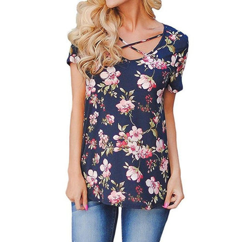 Vintage T shirt Women   Floral Print Short Sleeve Front Crisscross V Neck Tee Shirt Femme Tops camisetas mujer #419 GS