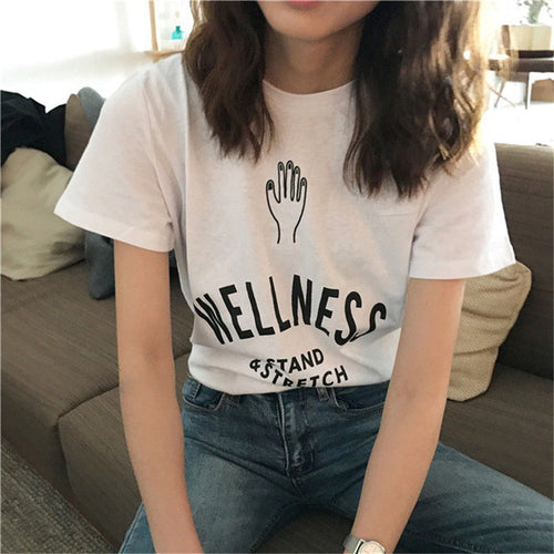 WELLNESS STAND & STRETCH Letter Print T-shirts New  Women Summer T Shirt Female Short Sleeve t shirts Plus Size Tops 72667 GS