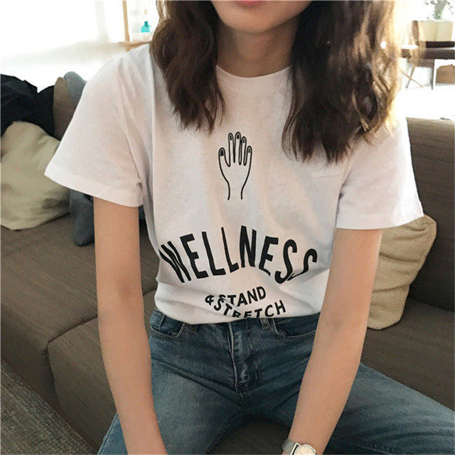 WELLNESS STAND & STRETCH Letter Print T-shirts New  Women Summer T Shirt Female Short Sleeve t shirts Plus Size Tops 72667 GS