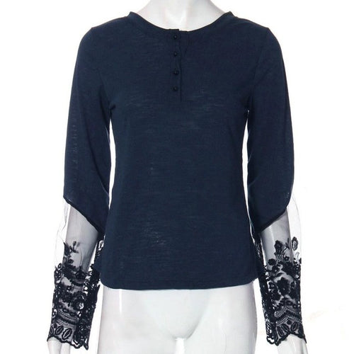 Western Stylish Womens T Shirts Fashion   Casual Tshirts Solid Elegant O Neck Long Sleeve Shirt Women Lace T Shirt GS