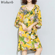 Woherb  Hot  Floral Print Vestidos sexy Plus Size Beach Chiffon Dress Casual Half Sleeves V-Neck Women Dresses 72750 GS
