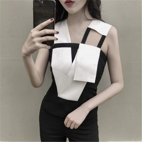 Woherb  New Fashion Woman Shirts Hollow Out Blouse Shirt Black/White Patchwork Women Bouses Woman Tops Plus Size 72740 GS