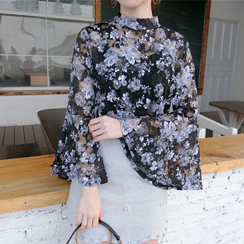 Woherb  New Women Shirts Floral Embroidery Blouse Translucent Butterfly Sleeves Shirt Lace Blouses Woman Tops Plus Size 2733 GS
