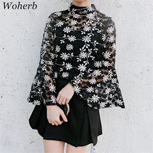 Woherb  New Women Shirts Floral Embroidery Blouse Translucent Butterfly Sleeves Shirt Lace Blouses Woman Tops Plus Size 2733 GS