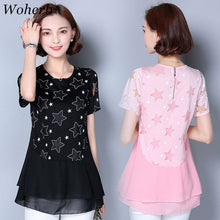 Woherb Casual Chiffon Tops  Short Sleeves O-neck Long Shirts Printing Patchwork Women Summer Blouses Plus Size 4XL 33102 GS
